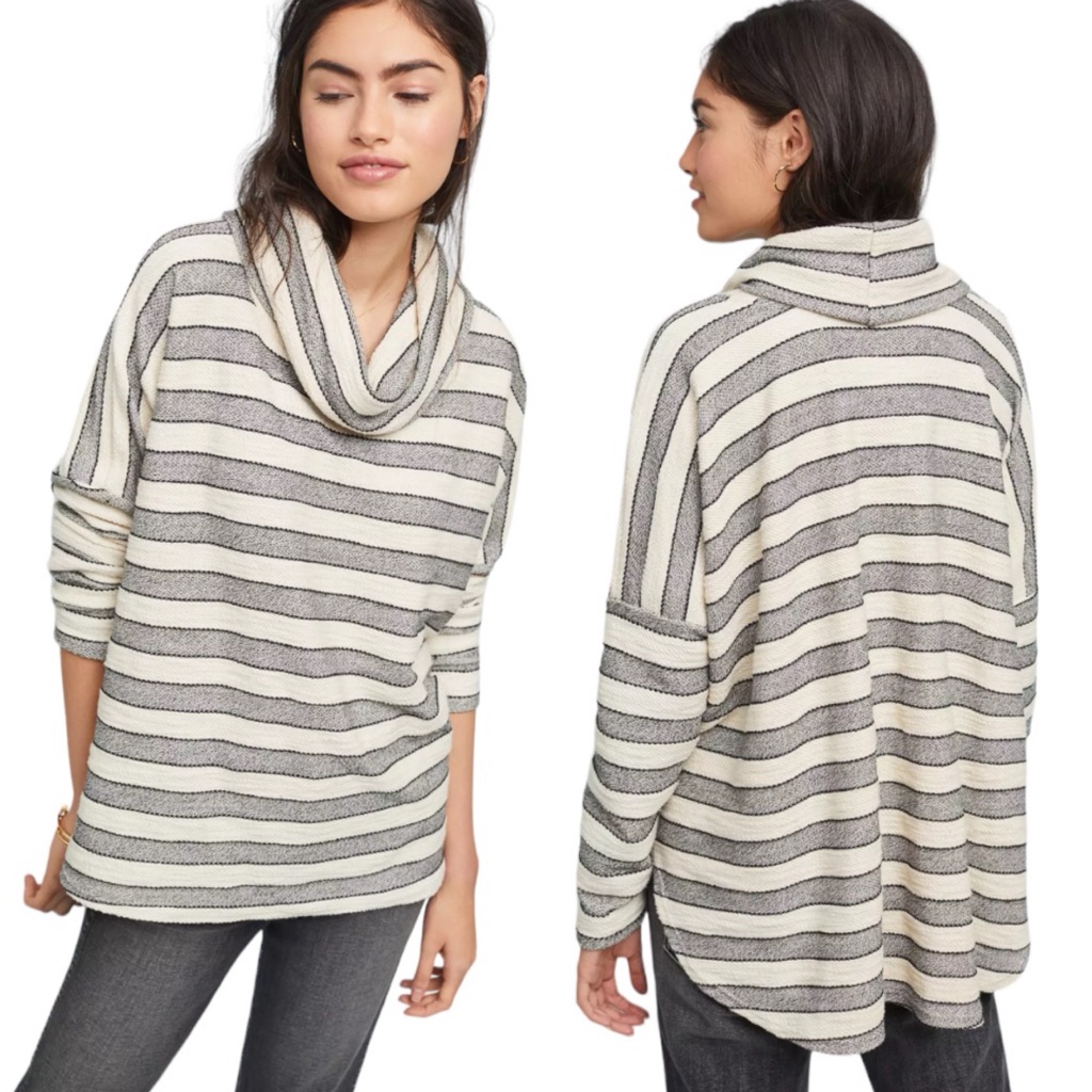 Dolan Left Coast Collection Cream Gray Black Striped Cowl Neck Tunic Sweater
